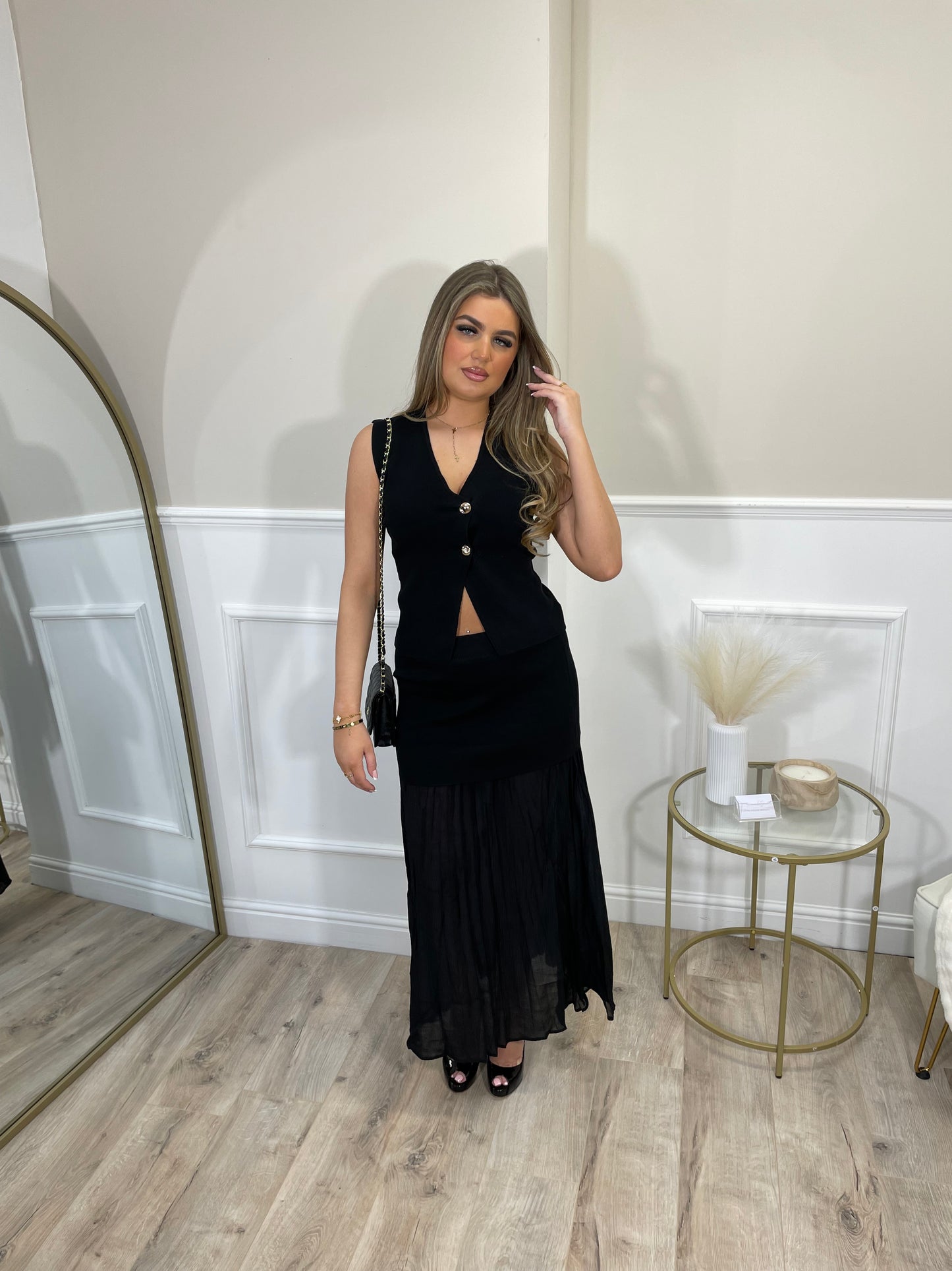 Knit Button Waistcoat Skirt Set