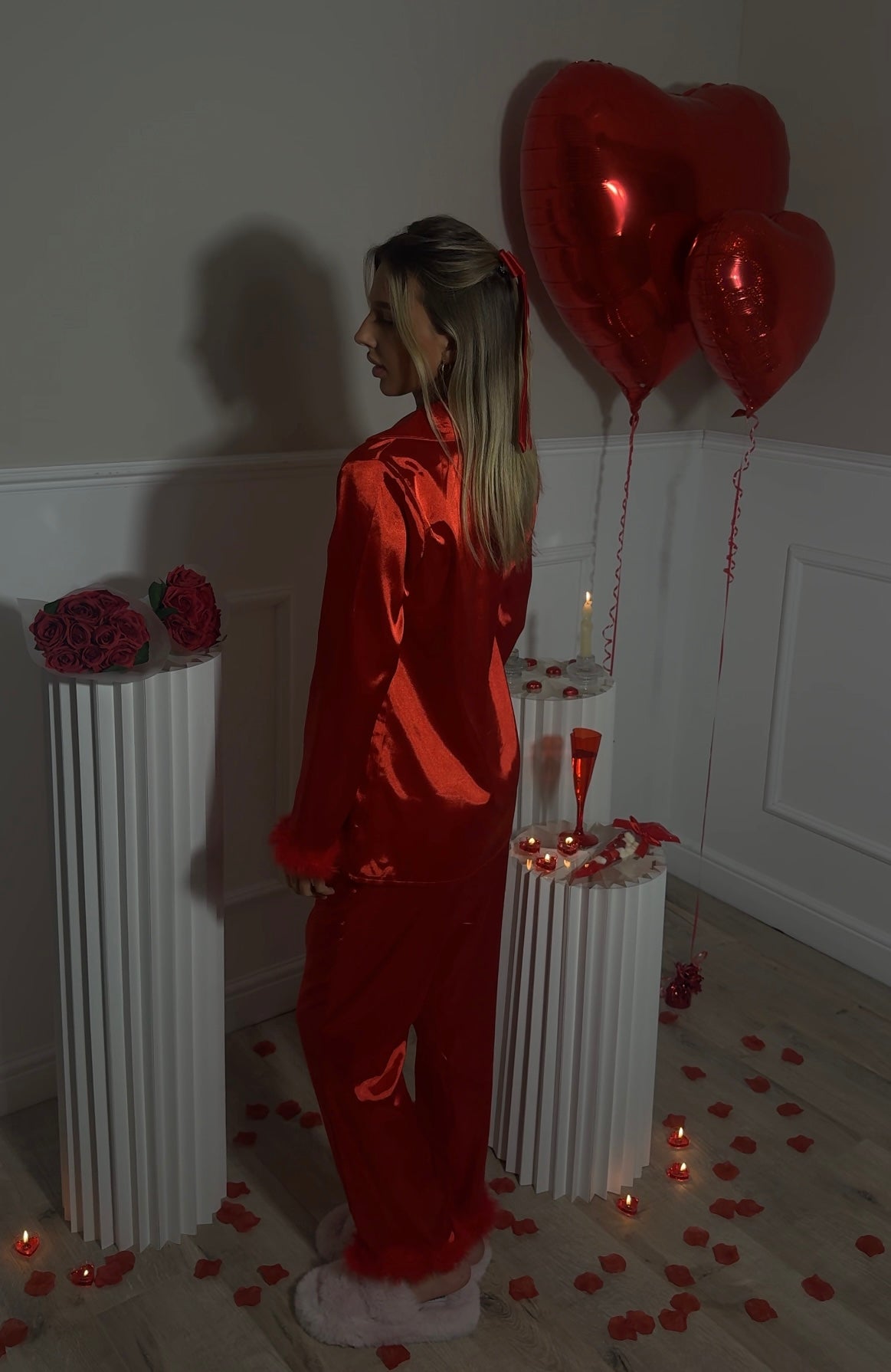 Red Satin Fluffy Pyjamas
