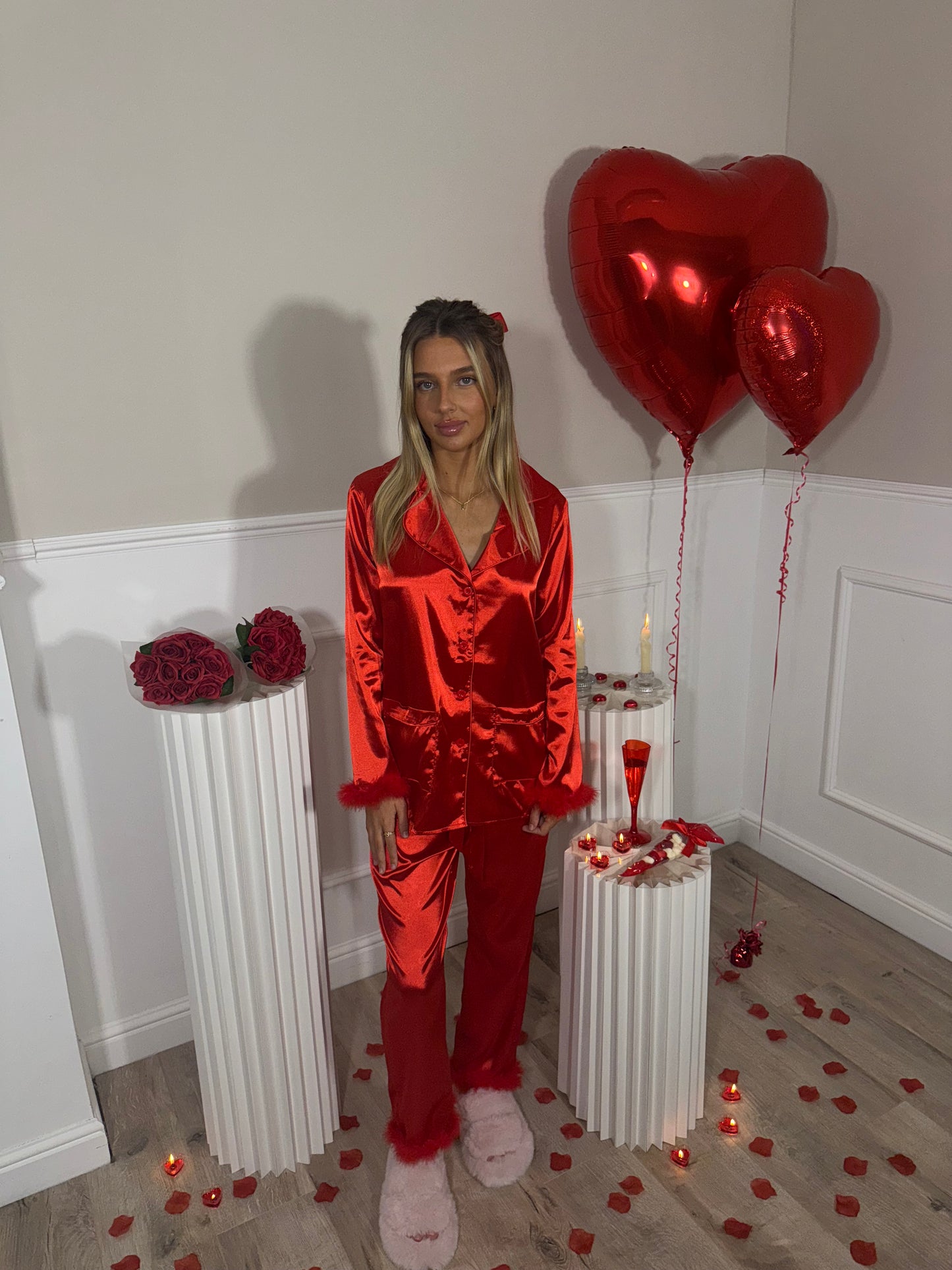 Red Satin Fluffy Pyjamas